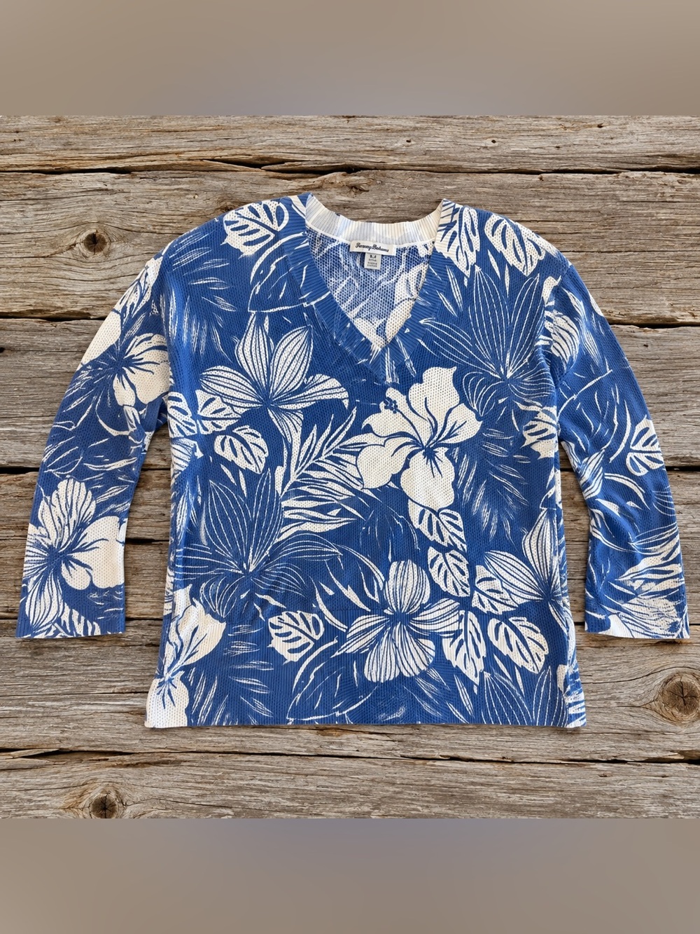Tommy Bahama Blue White Tropical Floral Knit Top Women’s M Resort